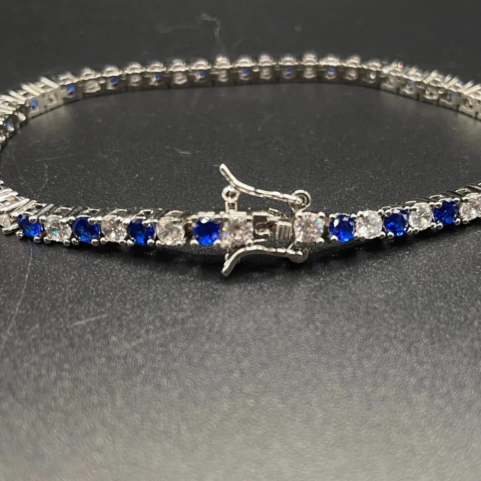 White Gold Finish Created Diamond Blue Sapphire Round Cut Tennis Bracelet - Image 4 of 4