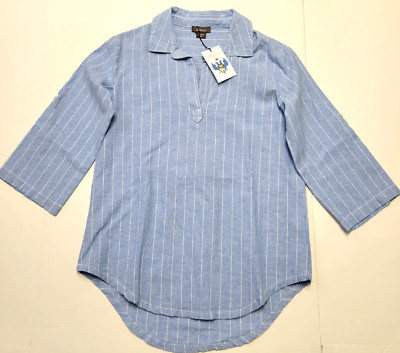 New $150 PURE AMICI 3/4 Sleeve Striped Tunic Women XS X-SMALL Blue LINEN Cotton