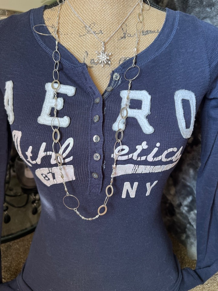 Aeropostale womans long sleeve, ribbed Henley, navy blue teeshirt, Sz