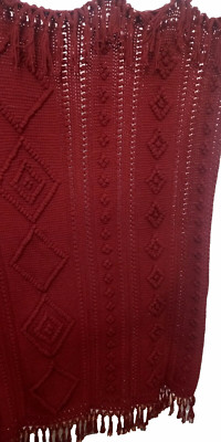 Handmade Crochet Knit Throw Blanket Afghan Heavy Fringe Burgundy Wine 66'' X 60''