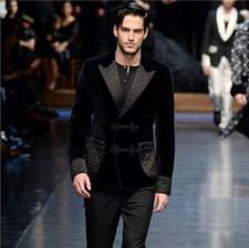 Mens Black Frogging Velvet Blazer Quilted Lapel Pocket  Cuff Christmas Gift