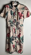 Zara Pink Green Tropical Leaf Floral Print Linen Midi Summer Dress Sz XS NWOT