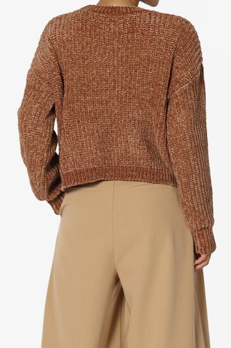 TheMogan Women's Rib Chenille Crop Pullover Sweater Cozy Knit Long Sleeve Top - Picture 34 of 74
