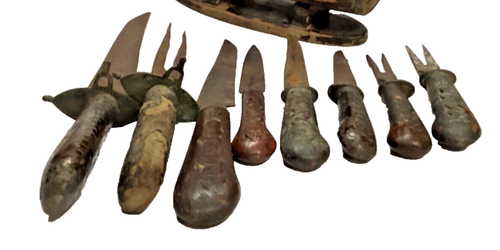Vintage Iron Knife & Forks Set Carved Wooden Handles & Stand,India - Picture 6 of 9
