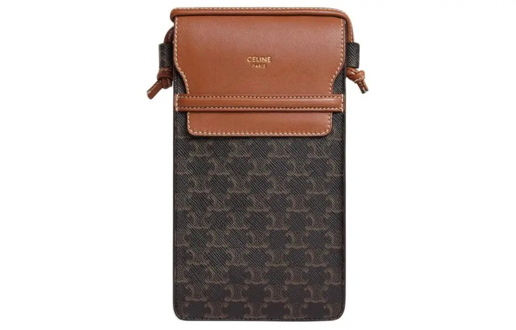 CELINE Triomphe Flip-Top Sheepskin Shoulder Phone Bag Women Brown 3.9x0.8x7.1 in