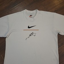 Vintage Nike T Shirt Mens L White Runner Made in USA 90s Running Man Hurdle Gym