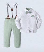 6YO Boy Gentleman Outfit - Long Sleeve Shirt With Bowknot And Suspender Pants