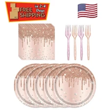 72 Pcs Rose Gold Party Paper Plates Set - Disposable Plates, Napkins & Forks
