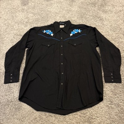 Ely Diamond San Antonio Rose Pearl Snap Western Cowboy Black W/ Blue Rose Sz XL