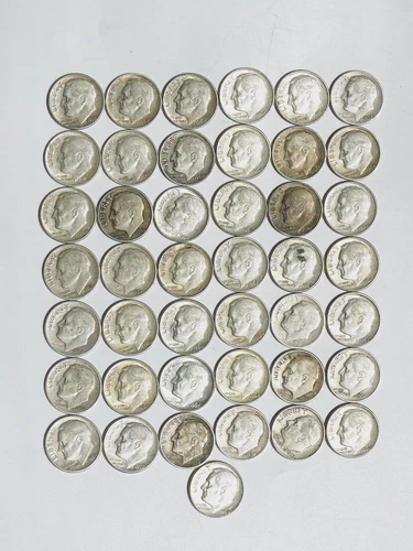 Lot Of 43 Roosevelt Dimes 90% Silver Mix Date w/ Mint Marks,1948-1964 Circulated