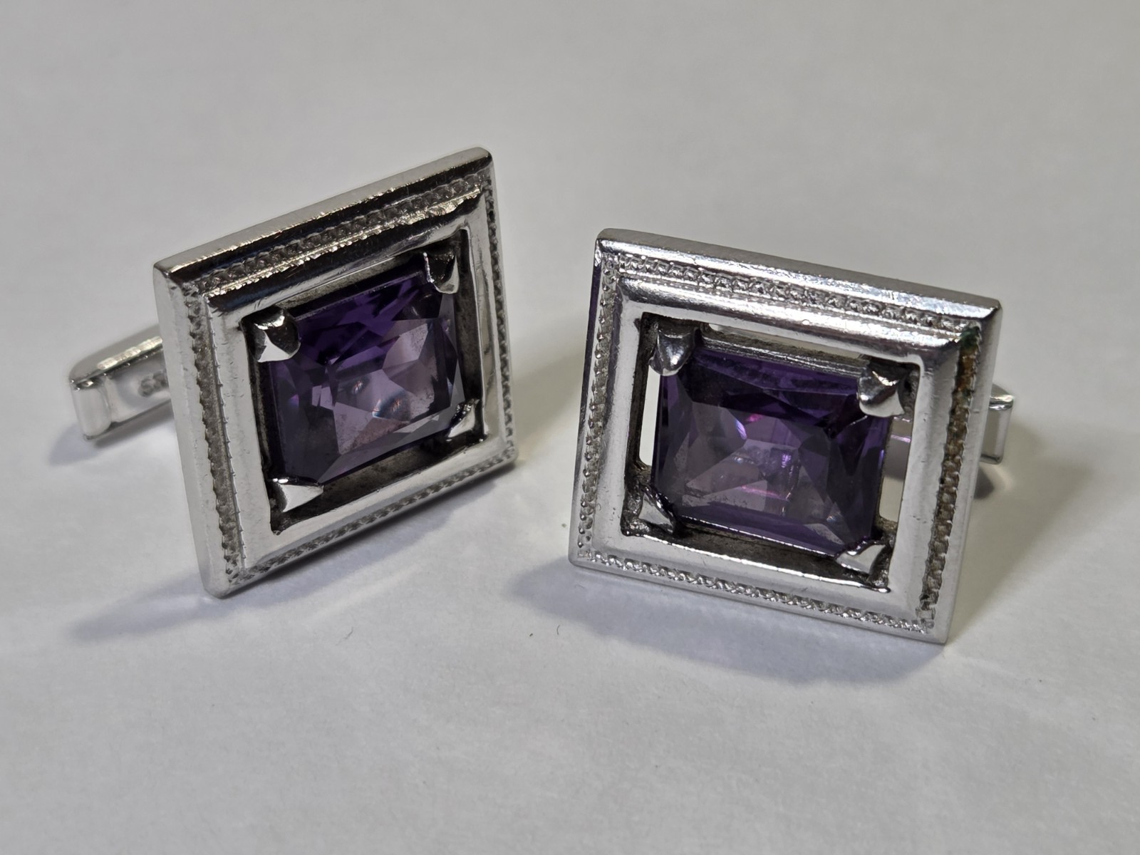 Sterling Silver And Amethyst Rectangle Cufflinks … - image 1