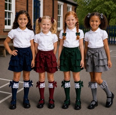 Mädchen Schulskort mit Rüschen & Schleife marine, grau, grün, burgund Uniform Shorts