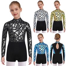Kids Girls Jumpsuit Bodysuit Dancewear Sparkly Leotard One Piece Metallic Shiny