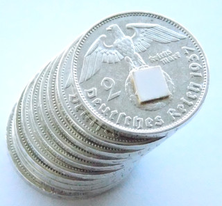 TEDESCO Lotto 10x 2 REICHSMARK 1937 1939 SVASTICA Monete Argento 3° Reich WW2 Mark