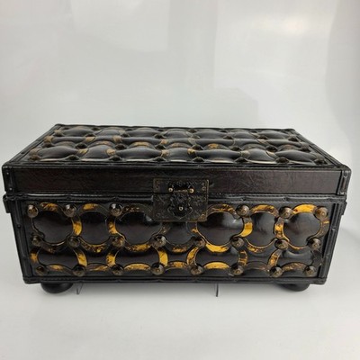 Victorian Style Leather Trunk Brass Studded Lock Plate Tufted Lid Decorative