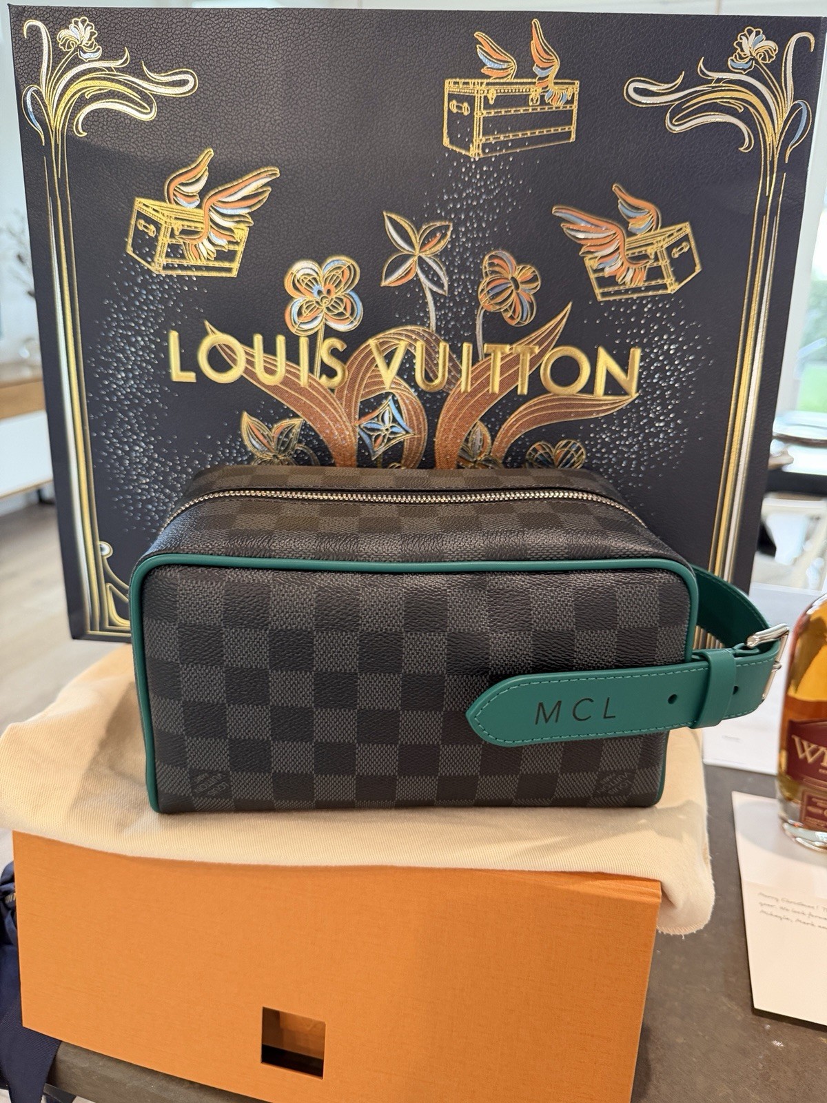 Louis Vuitton Damier Graphite Dopp Kit Men Black Green NEW w Gift Bag Box Ribbon
