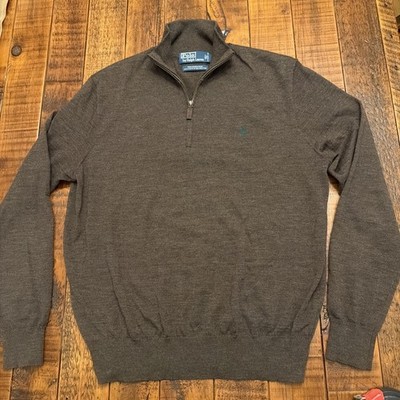 Polo Ralph Lauren Sweater Mens Large Brown 100% Merino Wool 1/4 Zip Mock Neck