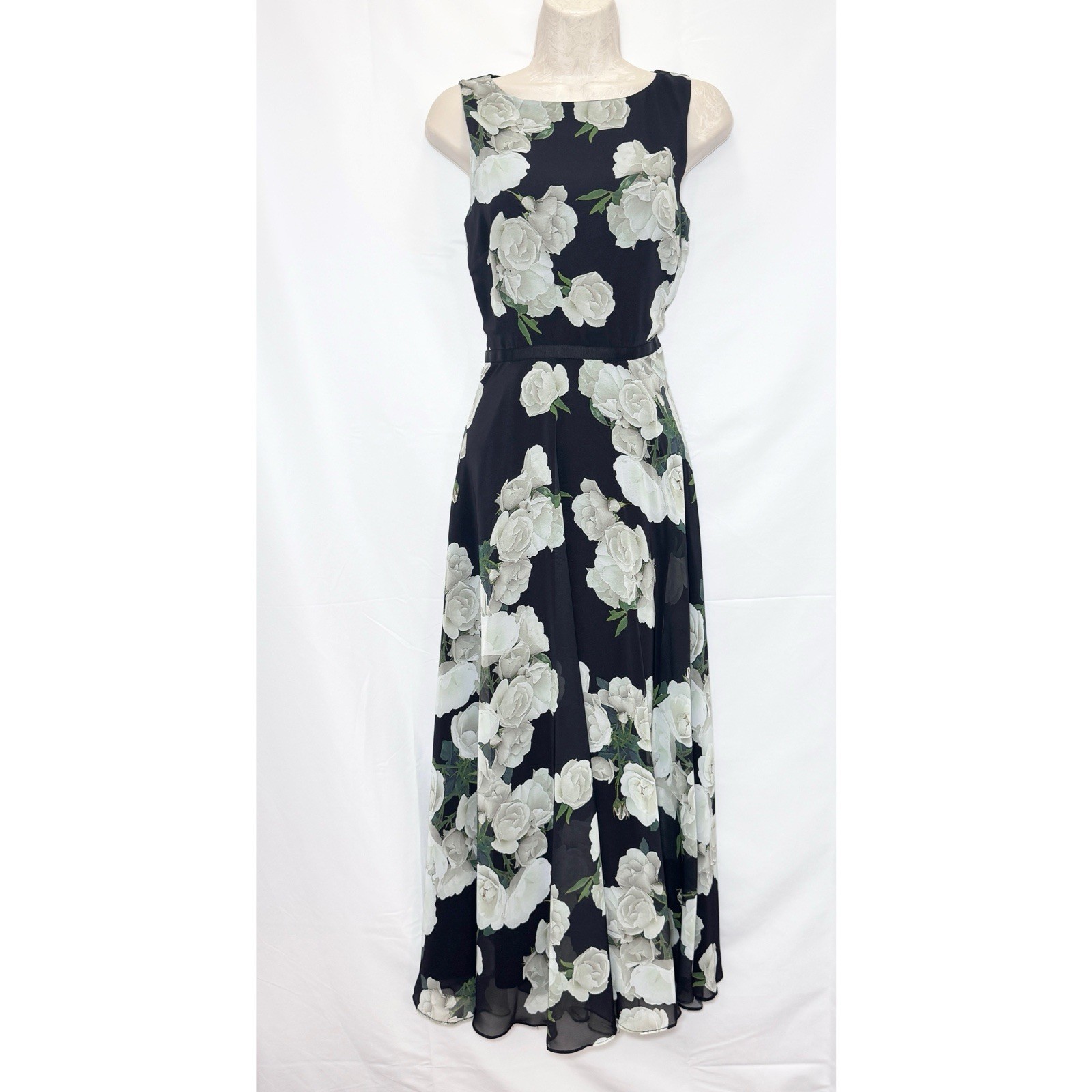 HOBBS LONDON CARLY Midi Floral Dress 4 Black Sleeveless Tea Brunch Wedding Guest