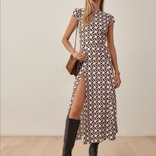 Reformation Gavin Dress 4 Tiles Brown White Midi High Side Slit