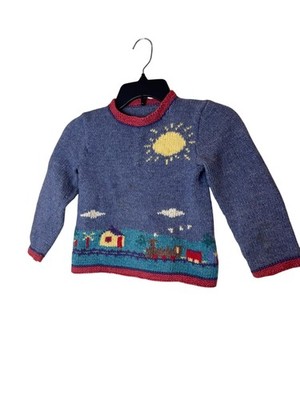 Handmade Sweater Boys Small Blue Purple Knit Sun Train Scene Pullover Youth Wool
