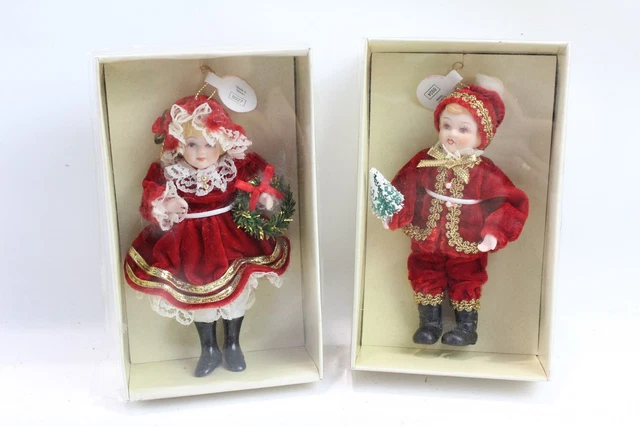8 Past Times Porcelain Miniature Dolls Christmas Pair Tree Ornaments Boxed