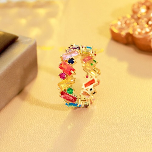 Gold Plated Colorful Round Baguette Zircon Crystal Ring Women Engagement Jewelry - Bild 5 von 16