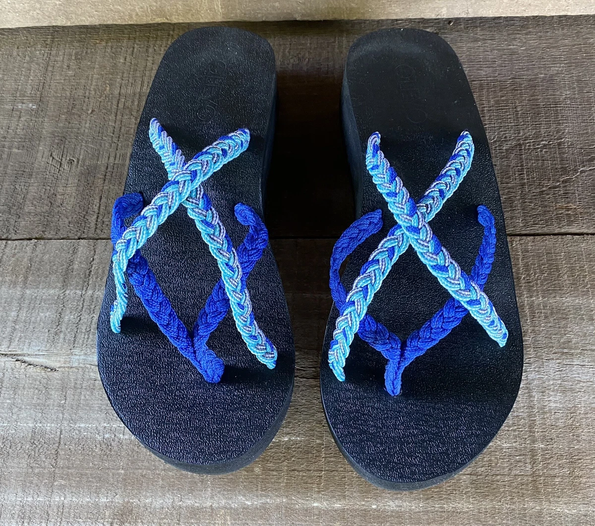 QUEYO Braided Strap Flip Flops Women's Size 8 Blue YOGA MAT Wedge Arch  Support