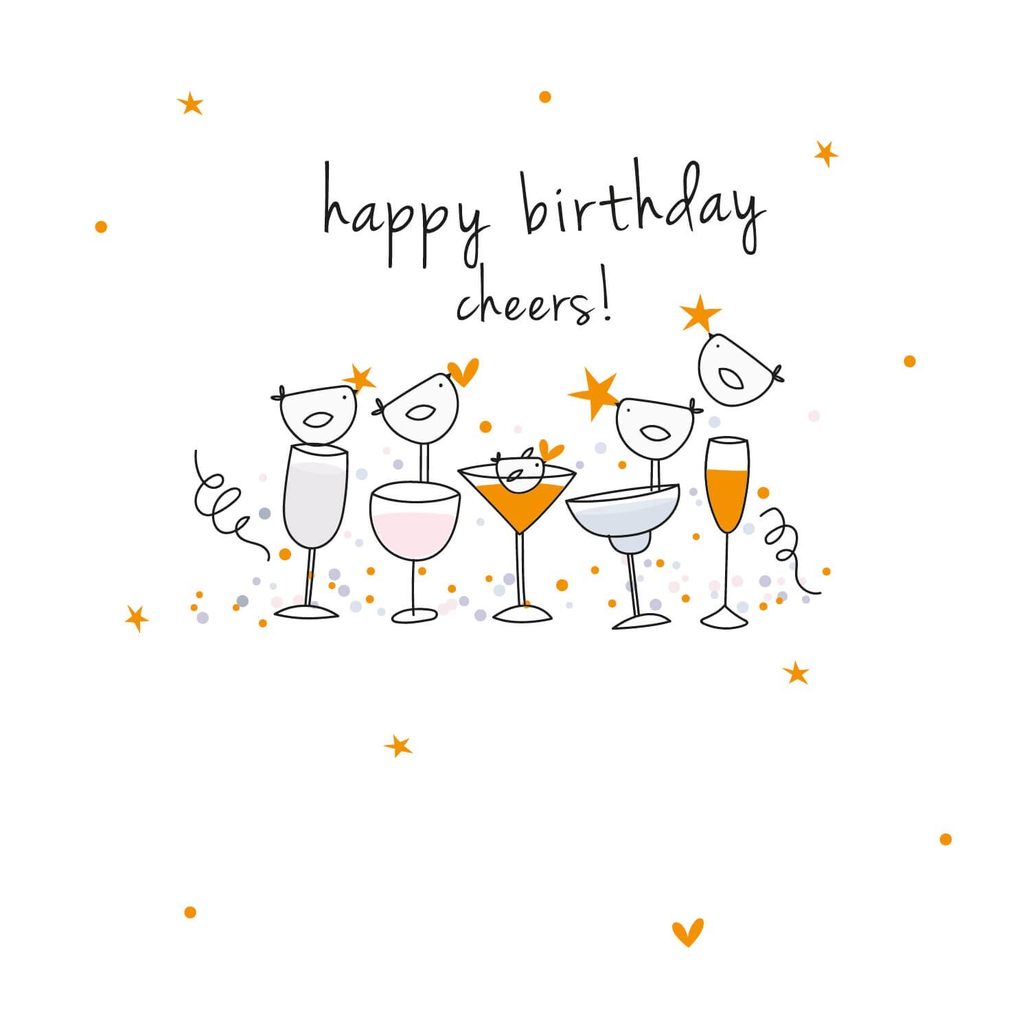 Cute Birthday Card Cheers Wine Cocktails Bird – Embossed Foiled Greeting Card