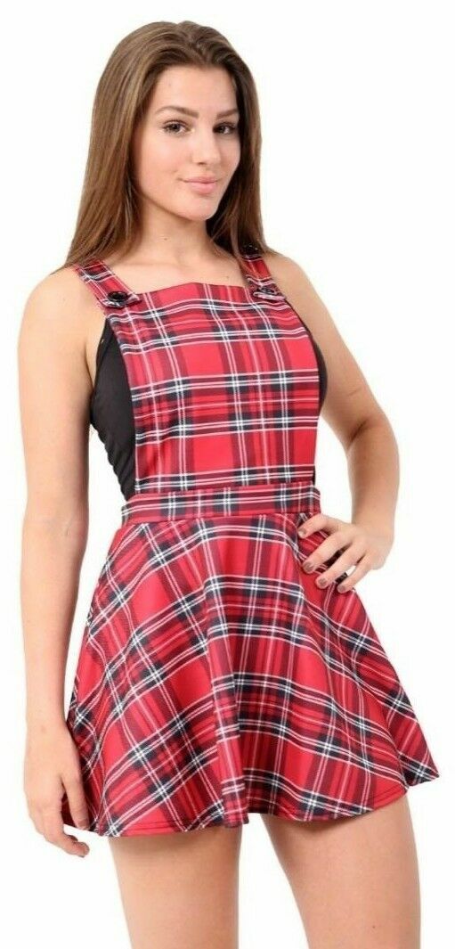 Women Ladies Tartan Print Pinafore Dungarees Mini Buttoned Plain Skater