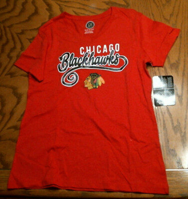 Girls Chicago Blackhawks Short Sleeve T-Shirt, Red, Glittery Logo, Sizes, NEW