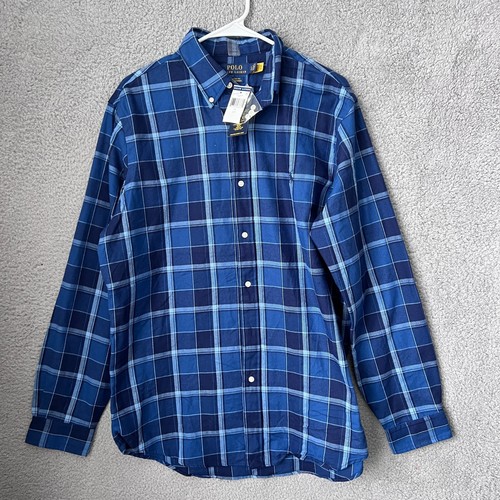Polo Ralph Lauren Hemd Herren Large blau kariert Button Down Classic Fit Flanell