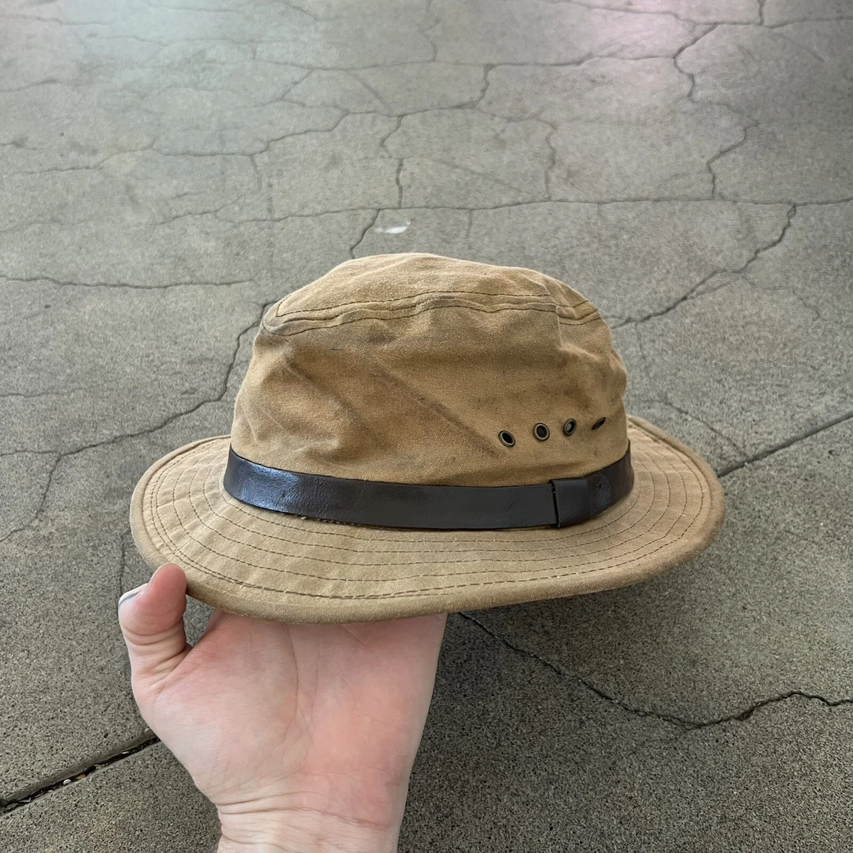 Vtg CC Filson Tin Cloth Packer Hat Waxed Cotton Canvas Hunt/Fish Made USA Medium