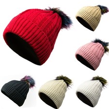 Pom Pom Winter Thick Cable Knitted Beanie Hat Baggy Slouchy w/ Fur Lining Warm