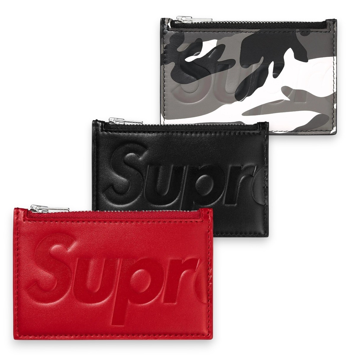 Supreme Leather Zip Card Holder 25SS Trifold Black Snow Camo Red