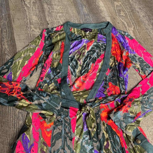 Cárdigan suéter para mujer Hale Bob talla XS verde floral mangas con lengüeta enrollable lazo cintura - Imagen 2 de 5
