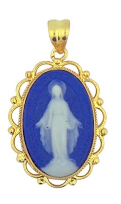 Dark Blue Cameo Miraculous Medal in 1 3/4 Inch Gold over Sterling ...