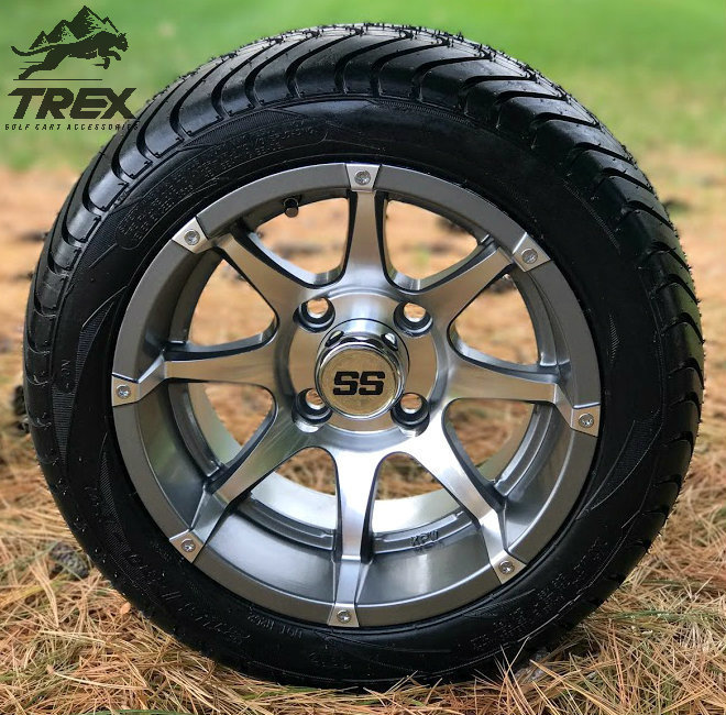 TREX 12" BANSHEE GUNMETAL WHEELS & 215/4012 DOT STREET TIRES (SET OF 4