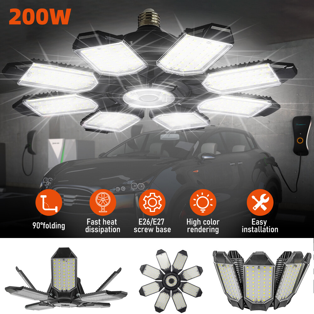 200W LED Garage Light Bright Work Shop Ceiling Lights Deformable Bulb Fixture