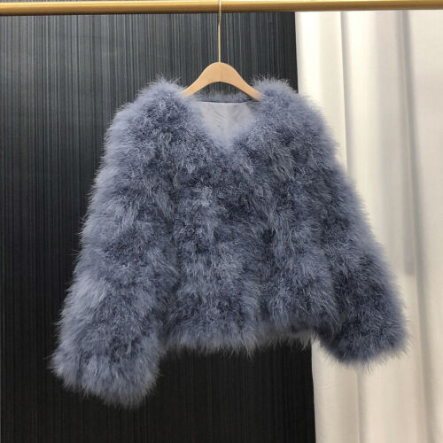 Womens Genuine Ostrich Feather Fur Coat Furry Real Fur Short Jacket Warm Outwear - Picture 2 of 40