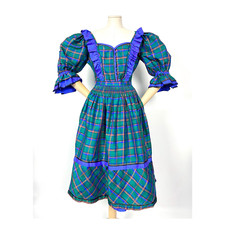 Vintage 80er Jahre grün kariert Seide Dirndl Kleid Schürze Tasche Set Sound of Music 10UK