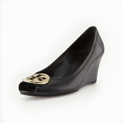 Tory Burch Black Tumbled Leather Sally 2 Wedge Pump Silver Logo Peep Toe Sz 9.5