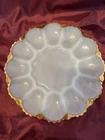 Vintage Anchor Hocking Milk Glass Deviled Egg Plate with Gold Trim Ornate Bottom