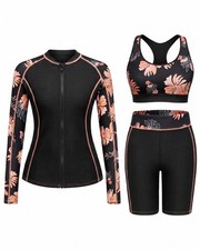 Orange Floral Women 3 Piece Rash Guard - 3PC Long Sleeve Zip up Swim Shirt Sp...