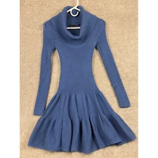 MODA INTERNATIONAL Blue Ribbed Cowl Neck Sweater Dress Long Sleeve Fit Flare XS