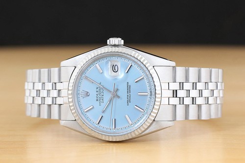 ROLEX DATEJUST 1601 ICE BLUE DIAL 18K WHITE GOLD STEEL FOLDED BRACELET WATCH - Afbeelding 3 van 9