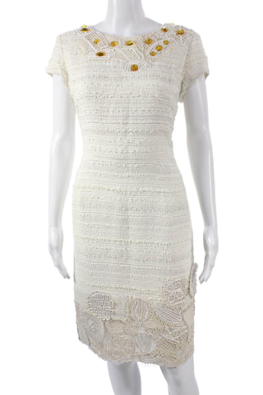 Oscar de la Renta Women Sheath Midcalf Dress Ivory Cotton Zip Size 12Free Shipping in US $100+ Orders | $6.95 Orders Below