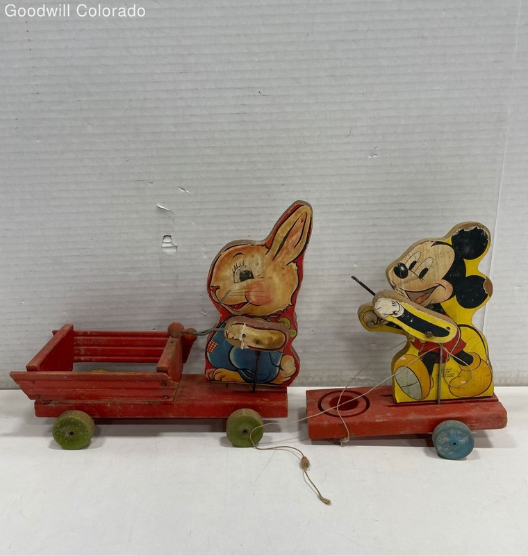 Vintage Disney Mickey Mouse & Rabbit Wooden Pull Toy