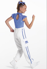 Girls Blue Sequin Top White Pants Hip Hop Dance Costume w/ Hair Bow 18491