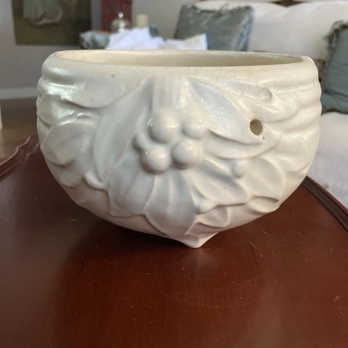 1930s McCoy Pottery Hanging Basket Planter Leaves & Berries Matte White Footed