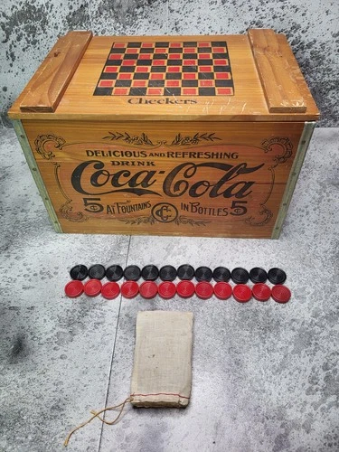 Vintage 90s Coca-Cola Wood Crate Storage Chest Checker Board Top W/ Checkers